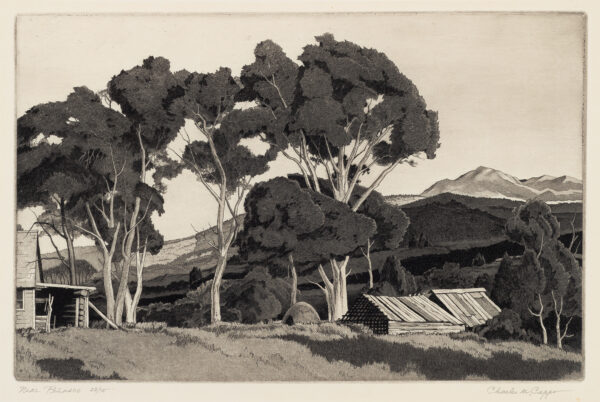 Southwestern landscape scene with buildings, outdoor oven, trees, mountains in distance.