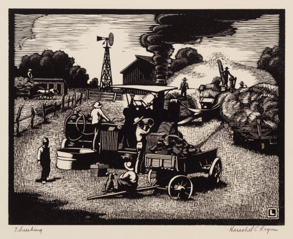Depiction of harvest time in rural America with workers, wagons, threshing machine & other farm machinery; windmill & barn in distance.