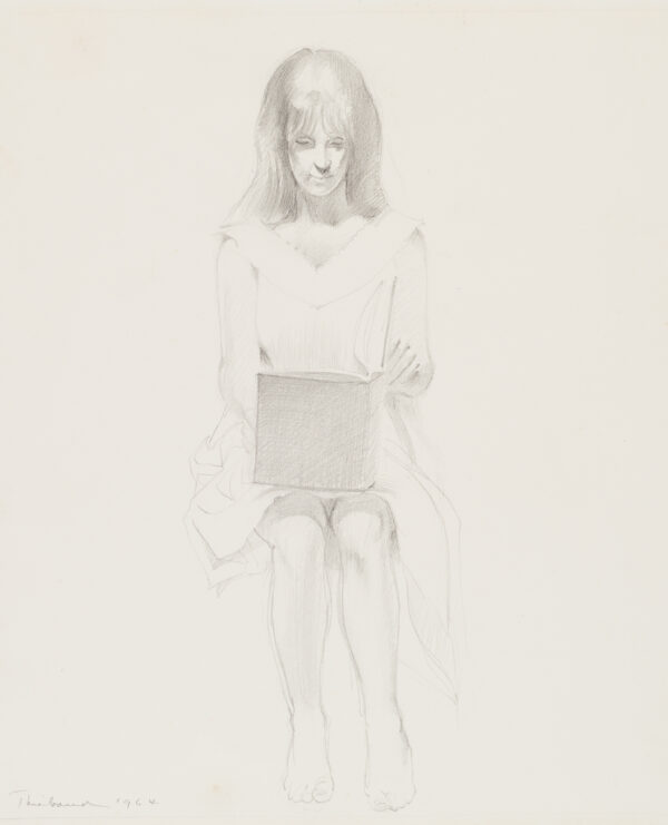 (wife of Wayne Thiebaud) Portrait of a woman, full length, frontal position, seated in a chair & reading a book.