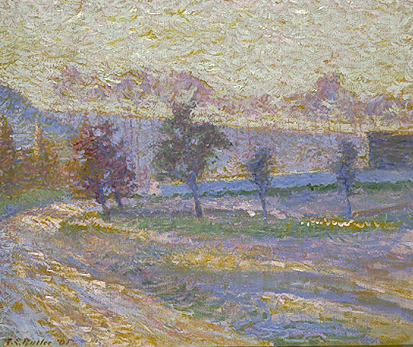 An Impressionistic rendition of a landscape with a road which leads obliquely from the center of the picture and curves sharply into the middle ground; a few apples trees at the center of the composition; hills in the distance.