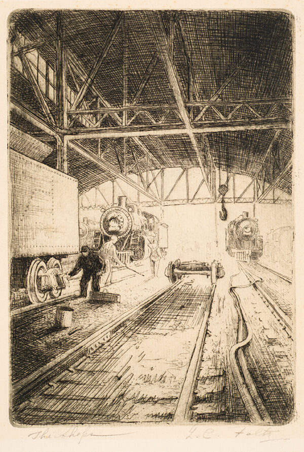 A shop where trains are repaired. The view is from inside, under a covered roof, looking toward two engines, outside. There are three men working.
