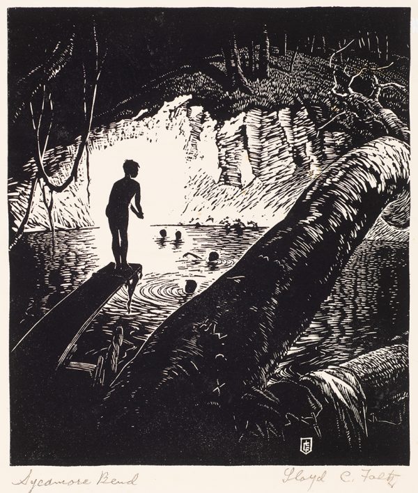 A figure in silhouette is posed to jump into a swimming hole filled with other swimmers. Several horizontal trees are on the right side.