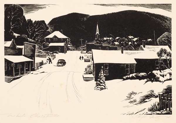 A town is covered with snow. One car drives past a figure shoveling snow with two more figure on the right heading toward a church.