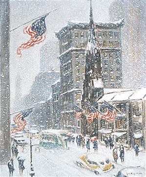 A snowy cityscape with multiple flags. This painting depicts the Gotham Hotel behind the Fifth Avenue Presbyterian Church.