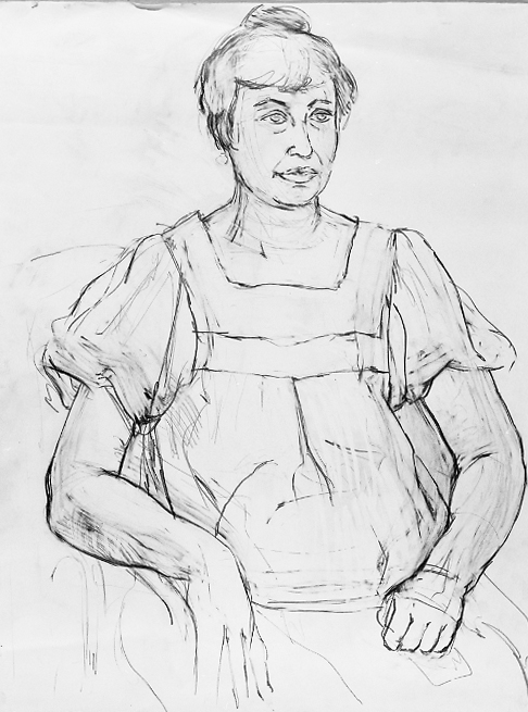 A drawing of a woman, frontal view, who sits with her hands on her lap.
