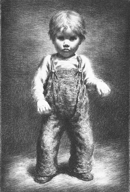 A small child stands, wearing overalls.
