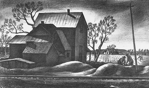 A railroad track runs in front of a barn on the left and three figures planting in a field on the right.