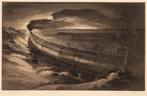 A night scene of a train moving from lower right to upper left, toward a setting sun.