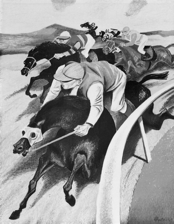 The painting is of five horses, each with a jocky in a race as seen from the inner fence.