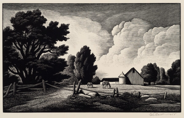 A farm scene with tall tree at left, horse pasture with wood fence and barns in the background.
