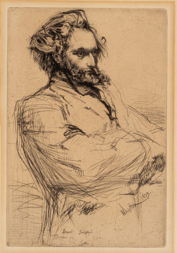 A potrait of Whistler's friend Charles Drouet 3/4 view with arms crossed, facing to the right. Whistler omitted much of the peripheral detail, focusing on the face while barely indicating costume and setting. (This is probably a posthumous impression)