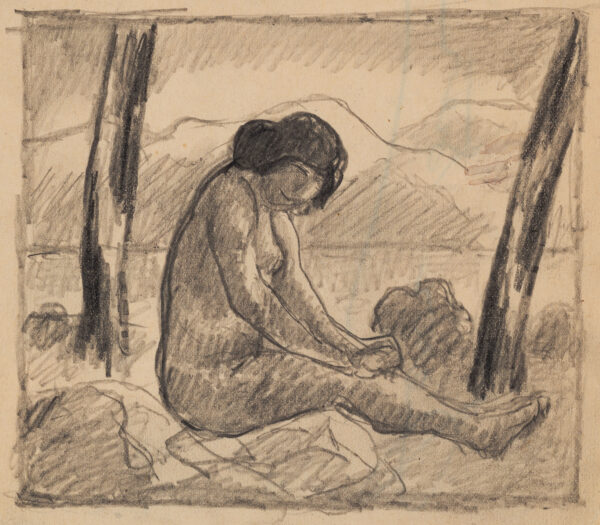 A female nude sits in a landscape with hands on knees and legs outstretched, seen from the side.
