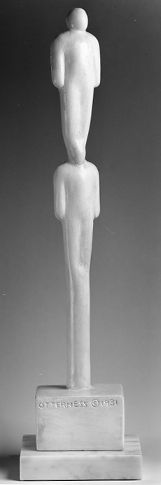 Elongated, simplified nude figures, one standing on the other's head.