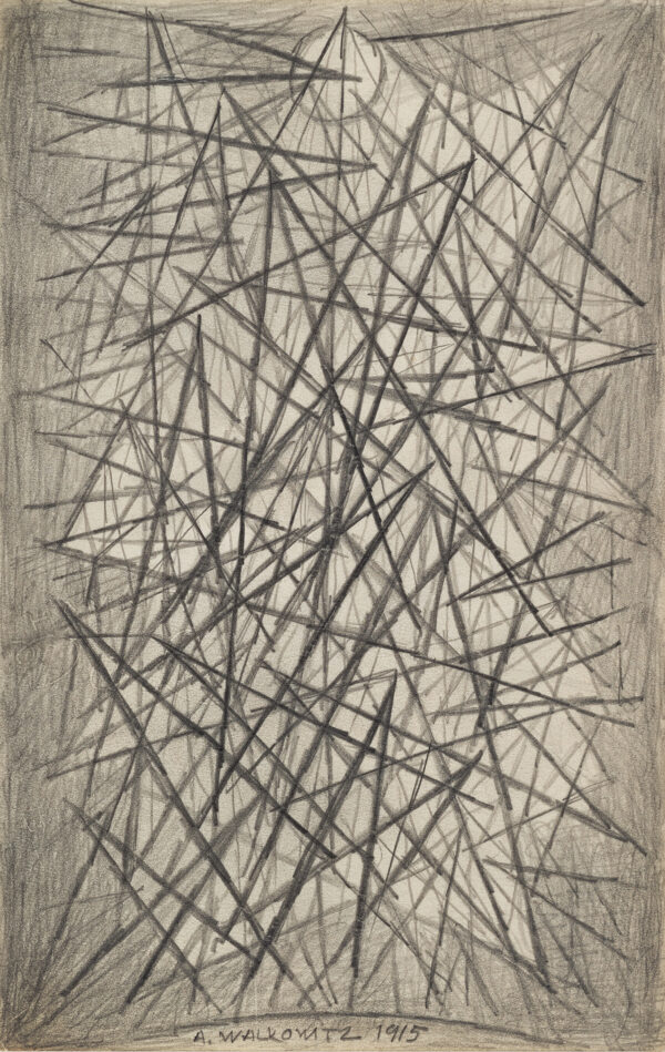 An abstraction of straight lines that cross each other with shading around the edges.