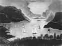 View of a harbor filled with sail-boats with the high bluffs at the mouth of the harbor framing dramatic clouds. his drawing was copied after a well-known print. In this case the model was William Henry Bartlett’s image of a View from West Point reproduced in steel plate engraving in Nathaniel Parker Willis’s 1840 publication American Scenery.