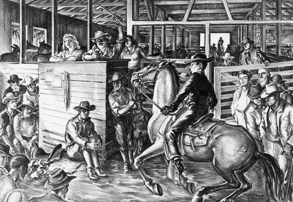 A cowboy on horse with buyers in the ring and more, behind in the barn, looking on.