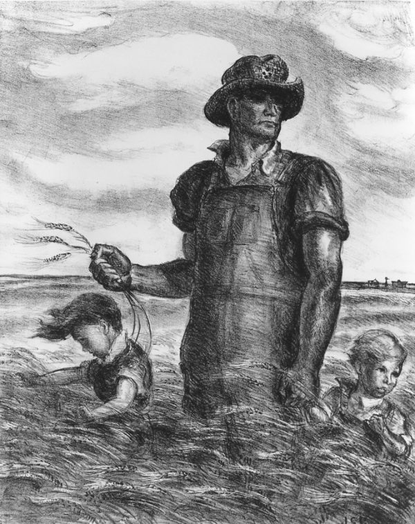 Farmer in overalls standing hip-deep in a wheat field, with two children.