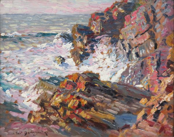 Impressionistic rendition of a rocky coastline, close-up view.
