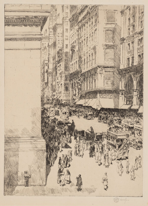 A view of Fifth Avenue in sunlight looking north from 34th Street. The roadway crowded with buses, cabs, and automobiles, and the sidewalks with pedestrians.