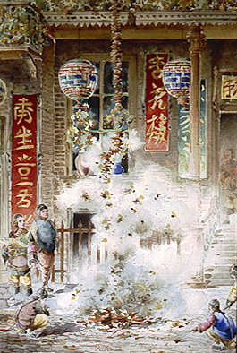 Chinatown street scene with figures in Oriental costume watching a suspended string of fireworks exploding in a cloud of smoke; against a building facade with paper lanterns and banners with Oriental calligraphy.