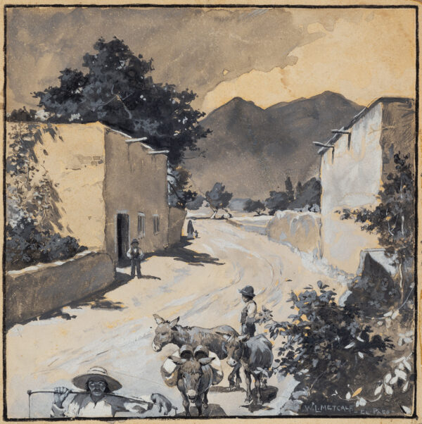Mexican street scene; in the foreground, 3 donkeys, a Mexican carrying water and a boy; all on a dirt road which curves back between two flat-roofed adobe buildings in the middle ground, with a male figure standing near a doorway and a distant mother and child also standing on the road; mountains beyond.