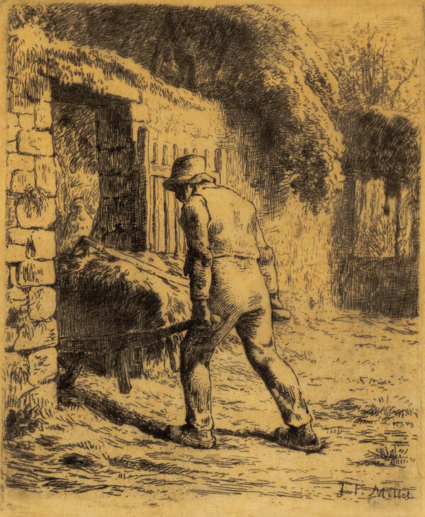 Man, with back to viewer, pushing a wheelbarrow loaded with hay through doorway of stone wall; tree branches hanging over wall.