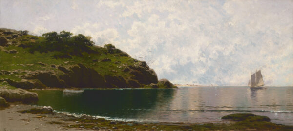 Beach scene with rocky coastline and boats.