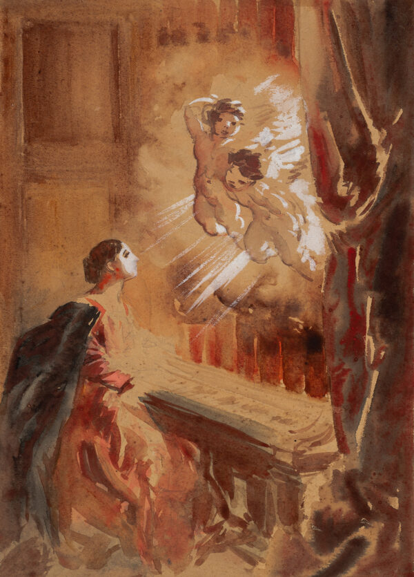 St. Cecilia playing the organ and attended by two putti.