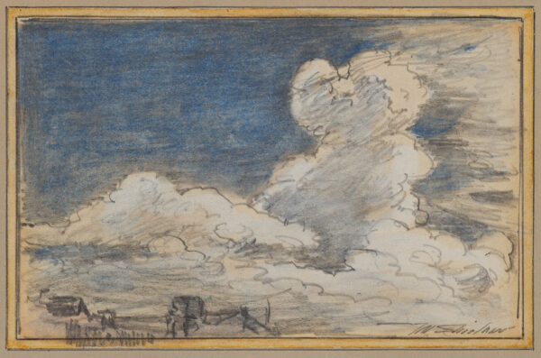 Sketchily rendered cloudscape with cumulus clouds/thunderhead.