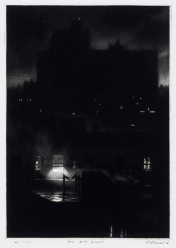 City scene night. At lower left, strong light shining through window with partially drawn shade or curtain. Silhouette of tall buildings in distance.