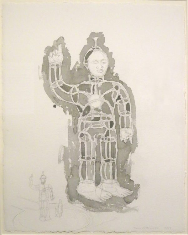 Semi-abstracted human figure, full-length, standing with his proper right arm raised and index finger pointing up.  Small funnel on top of head.  Tubes running from the heart throughout the body.  At lower left corner, pencil sketch of smaller version of figure with mother and child viewing it.