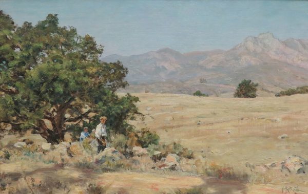 Two figures in front of a tree at left, in a grassy landscape, mountains in the distance.