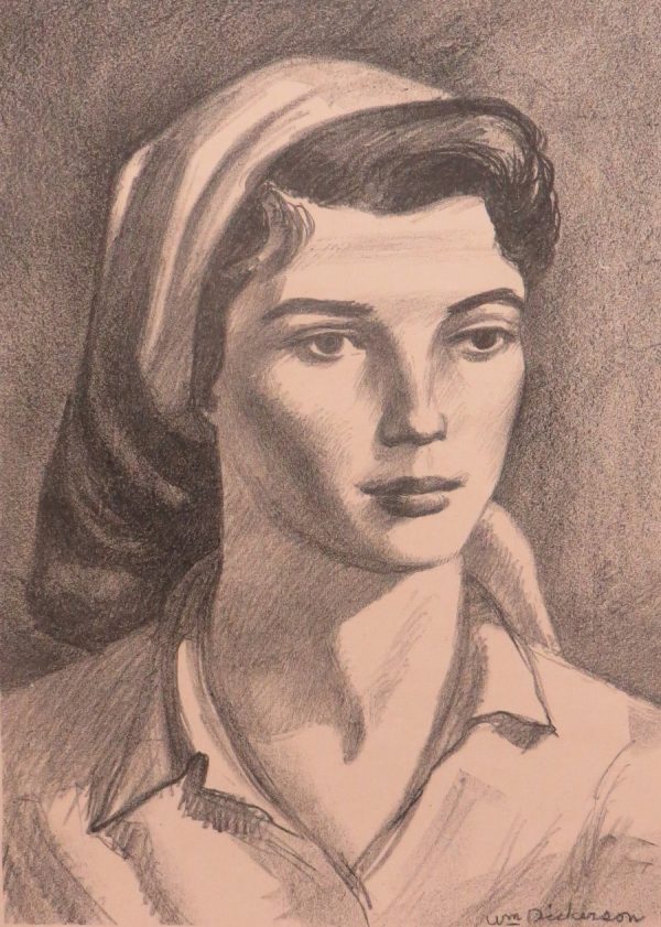 Portrait of a young woman; head and shoulders; with head turned slightly to the right; wearing head scarf.