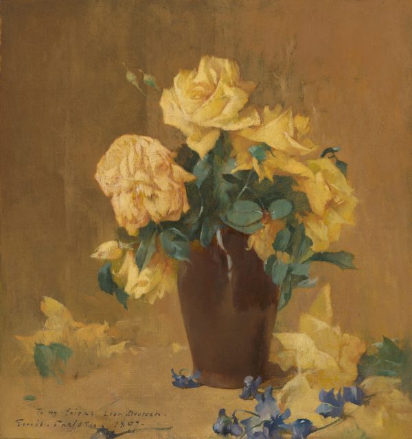 Bouquet of yellow roses in a dark brown vase, a few violets scattered on the table top; whole against a light brown background.