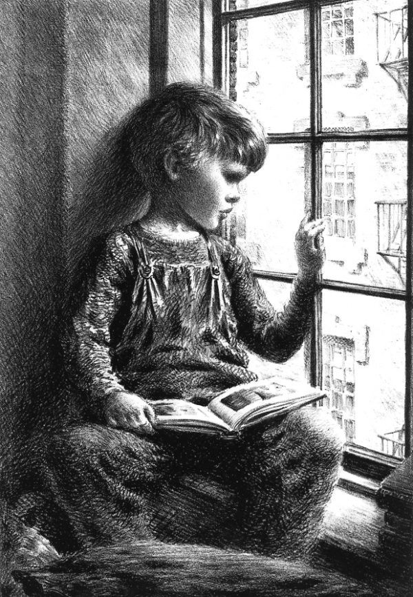 Depiction of a seated child in overalls, holding a book, and looking out of a window.