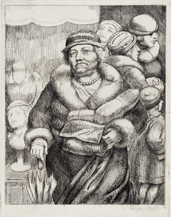 The print, Shopper, is a classic Miller image of what has become a symbol of 20th Century American culture, that is, women strolling in front of shop windows, performing their critical economic roles as consumers. In the center foreground of the composition one sees a frontal, three-quarter view of a woman dressed in street clothes, a coat trimmed with fur, carrying her handbag and packages. Like all of Miller's figures of women, young or old, the center figure in Shopper recalls the ample proportions of women in paintings by Titian, Rubens, or Renoir. By means of this fulsome figure style and by means of compositions that stressed symmetry, balance, and three-dimensional modeling, Miller deliberately cast the daily life of the modern city in a Renaissance or 