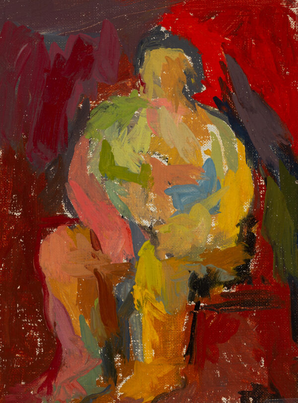 Seated figure, background of reds