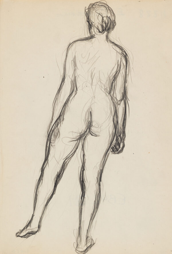 Standing female nude, full-length, back view, weight on proper right leg.