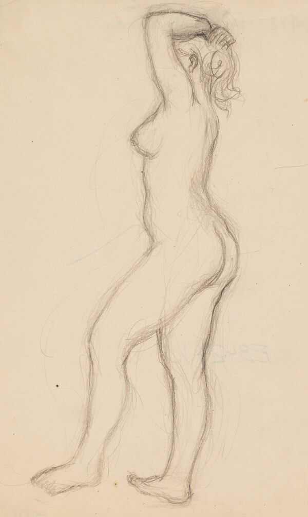 Standing female nude, full-length, with raised arms.