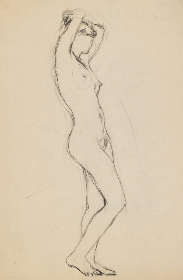 Standing female nude, full length, raised arms, turned to right.