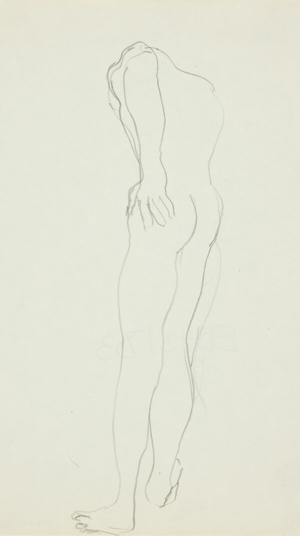 Full-length nude, back view, with proper left hand on hip, head lowered & not in view.
