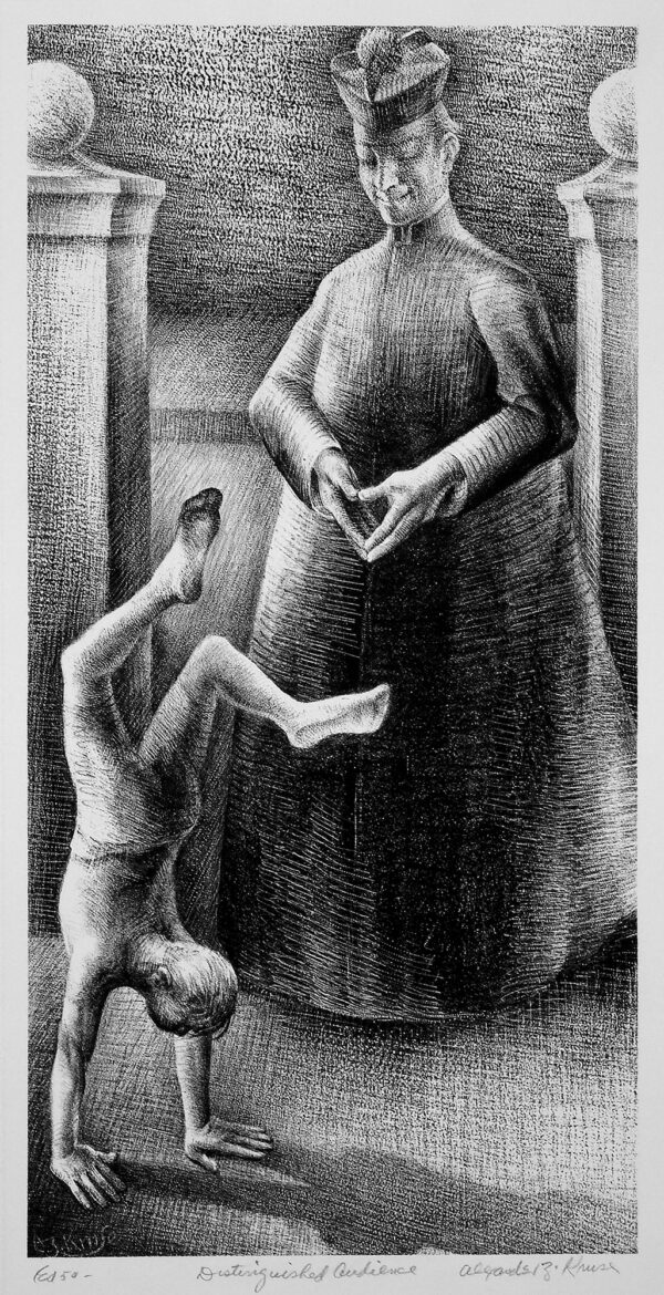 A large woman stands behind a child doing a handstand.
