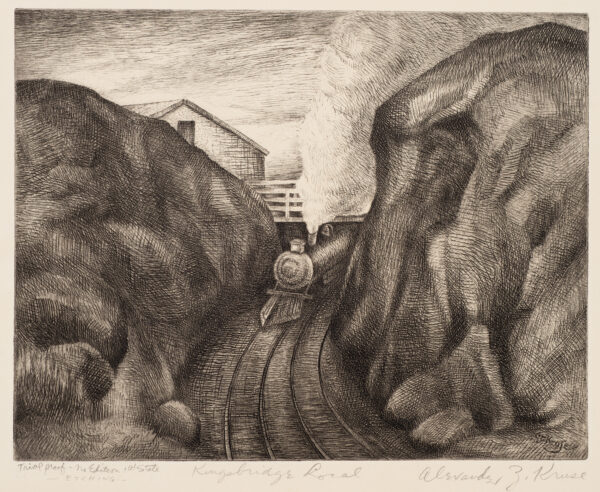 A train passes through two mountains