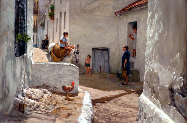 A cityscape of white stucco walls with figures, a donkey and a rooster.