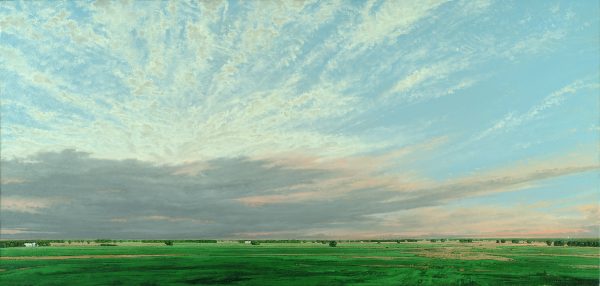 Plains skyline with low horizon. The sky is of blues, pinks, gray clouds, and green farm lands or fields.
