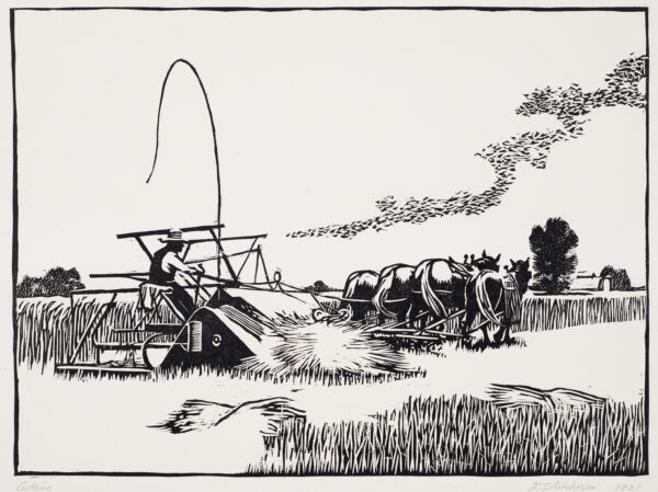 Pastoral scene of a farmer, facing right, riding a cutting implement pulled by four horses (view is of their back sides); flock of birds in the sky, right of center to upper right corner.