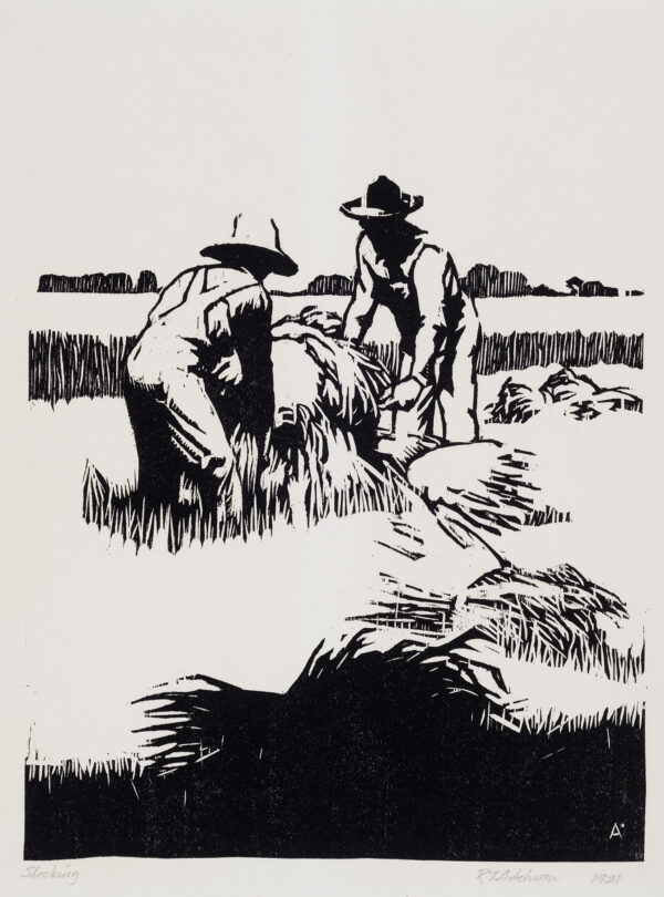 Pastoral scene of two farmers working together with hay in a wheat field, facing each other, left one has back to viewer, both wear hats, black foreground.