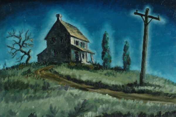 Nocturnal landscape with farmhouse and trees.