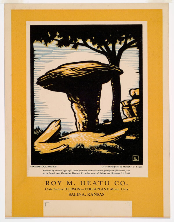 The print depicts a group of large rocks, one in the shape of a mushroom. There is a tree in the center right of the print.
