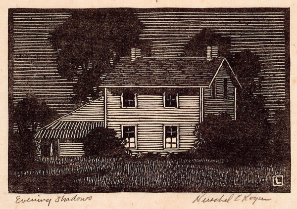 Depicts a two-story clapboard house at sunset; several bushes and trees around the house have cast shadows across the front yard. Some of the windows are darkened and some lit from within.